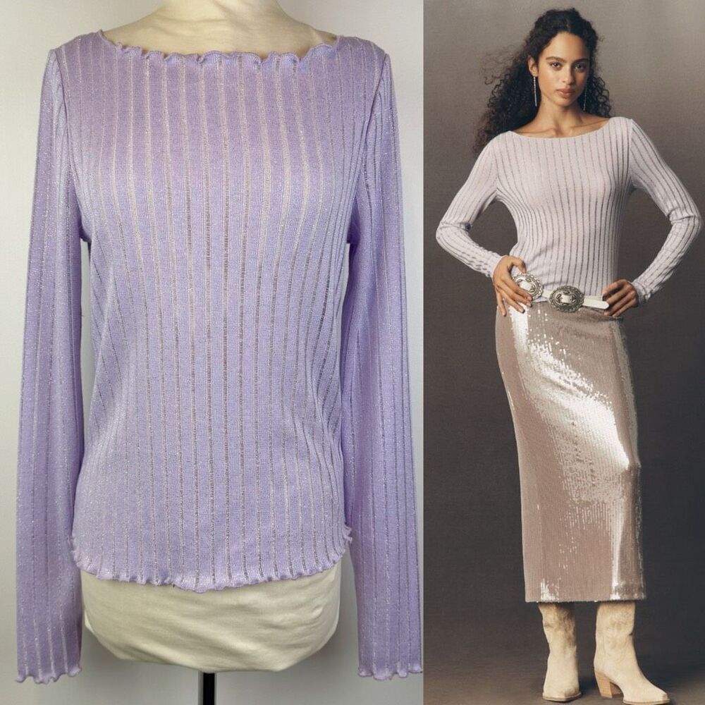 Pilcro * Lavender Metallic Ribbed Boat Neck Long Sleeve Top Large NWT